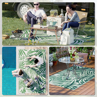 Outsunny Reversible Outdoor RV Rug, 1.5 x 2.4m Patio Floor Mat, Waterproof Plastic Straw Rug for Garden, Deck, Picnic, Beach, Camping, Green Leaves, Green and White 
