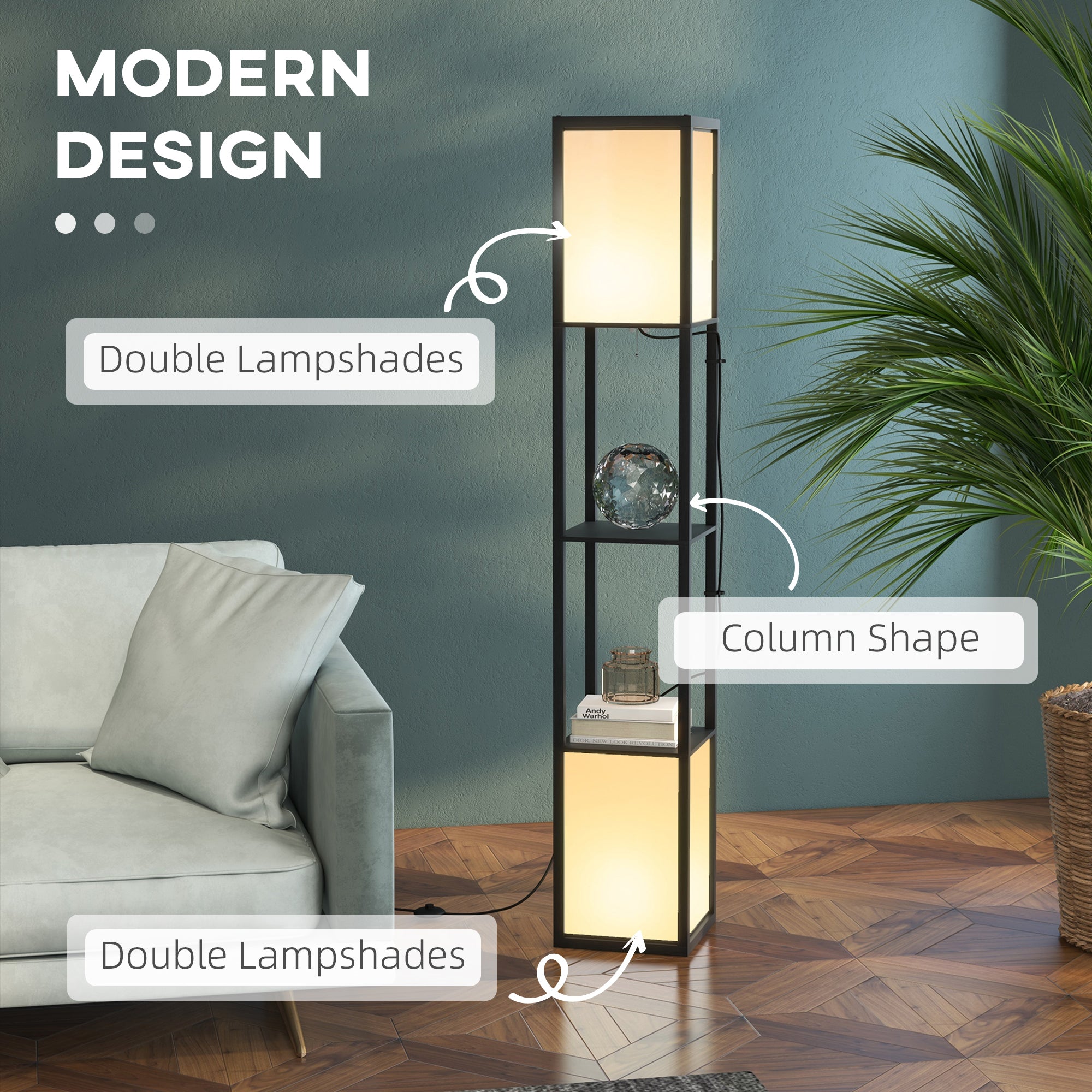 HOMCOM Modern Shelf Floor Lamp with Dual Ambient Light, Standing Lamp Living Room, Bedroom, 156cm, Black 