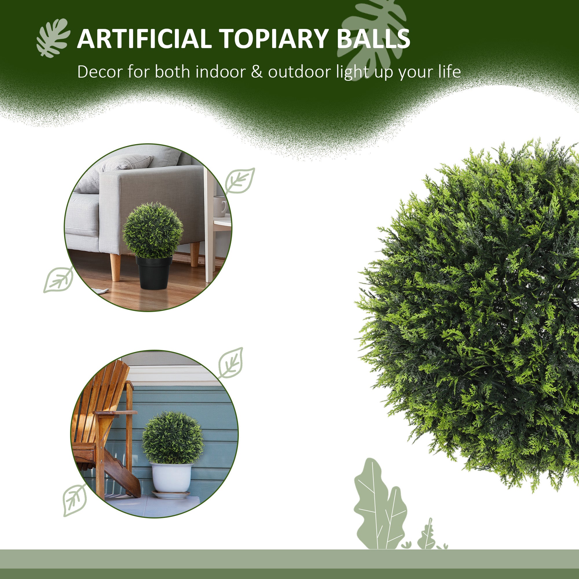 HOMCOM Set of 2 Artificial Plant Topiary Balls, UV-protected Fake Decorative Plants, Faux Plants for Home Indoor Outdoor Decor, 45cm, Green