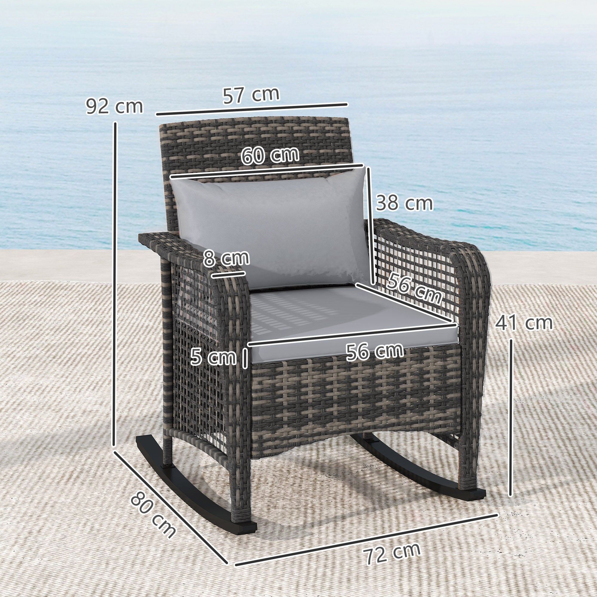 Outsunny Garden Rocking Chair, Outdoor Rattan Rocker Lounge Chair with Seat and Back Cushions, Patio Armchair Seat with All-weather Wicker, Steel Frame for Porch Balcony, Light Grey 