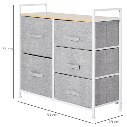 HOMCOM 5 Drawer Linen Basket Storage Unit Home Organisation w/ Shelf Handles Metal Frame Adjustable Feet Hallway Home Dresser Grey 