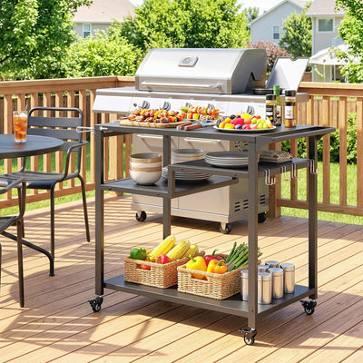 Outsunny Outdoor Grill Cart, Three-Tier Pizza Oven Stand  with Steel Tabletop, Hooks, Rubbish Bag Holder, Wheels, Black 
