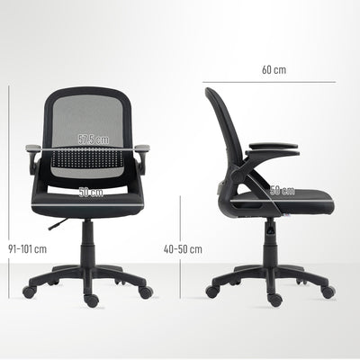 HOMCOM Breathable Mesh Office Chair, Ergonomic Swivel Computer Chair with Flip-up Armrests, Lumbar Back Support for Home/Office, Black 