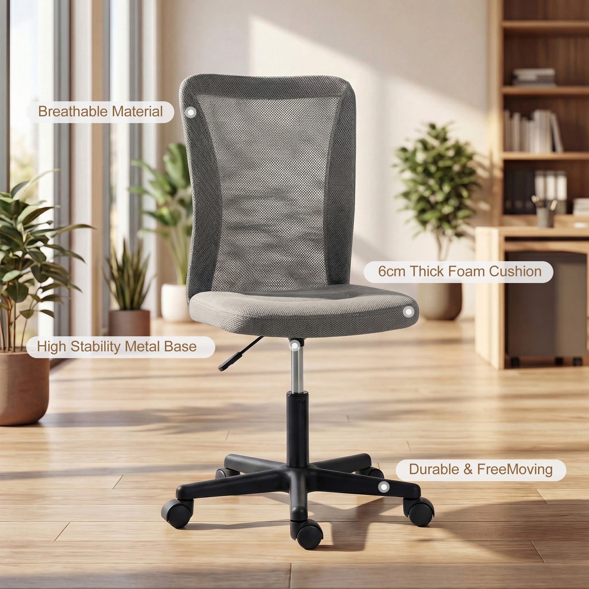 Vinsetto Computer Desk Chair, Mesh Office Chair with Adjustable Height and Swivel Wheels, Armless Study Chair, Grey 