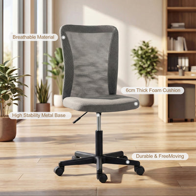 Vinsetto Computer Desk Chair, Mesh Office Chair with Adjustable Height and Swivel Wheels, Armless Study Chair, Grey 