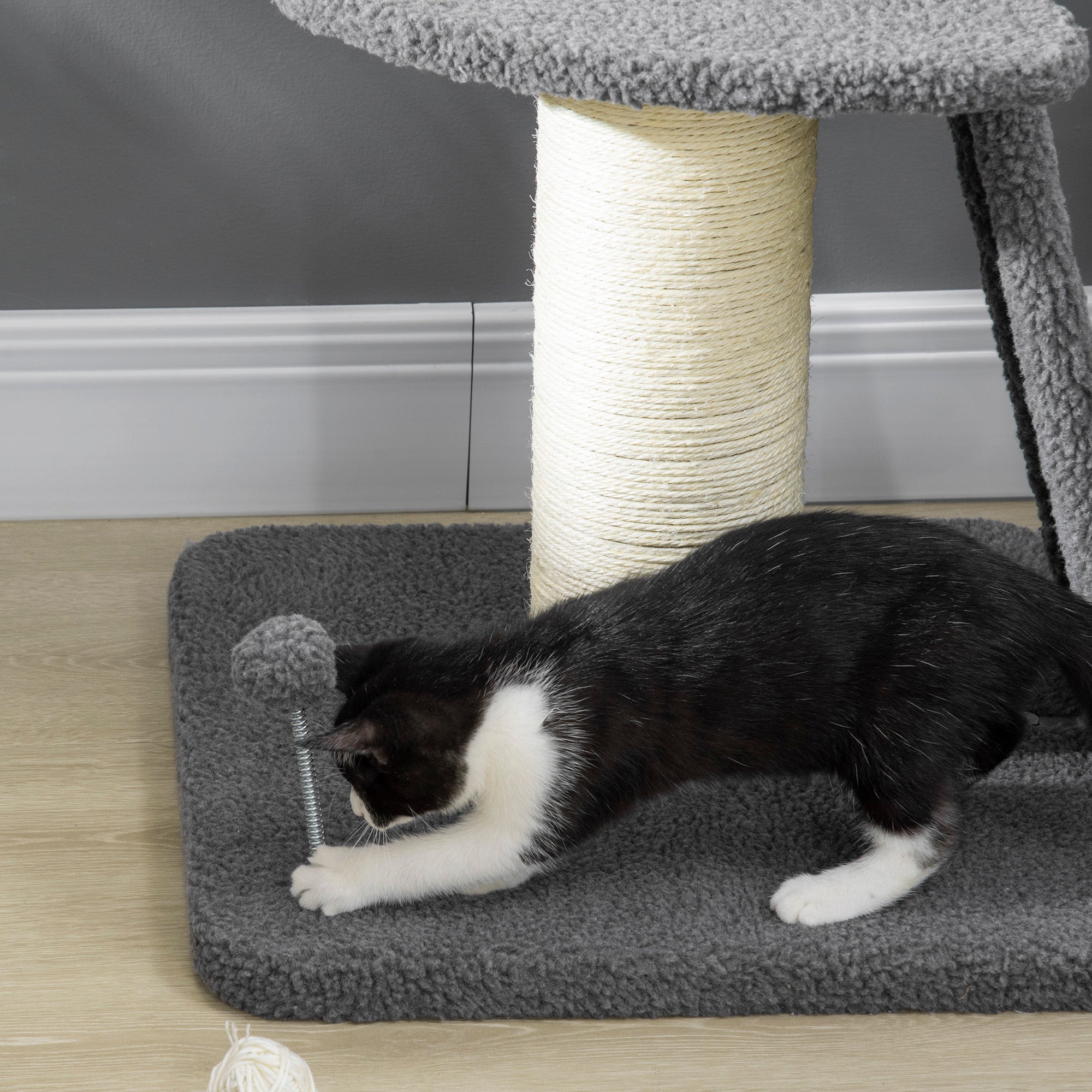 PawHut Cat Tree Tower with Scratching Posts, Pad, Bed, Toy Ball-Dark Grey 