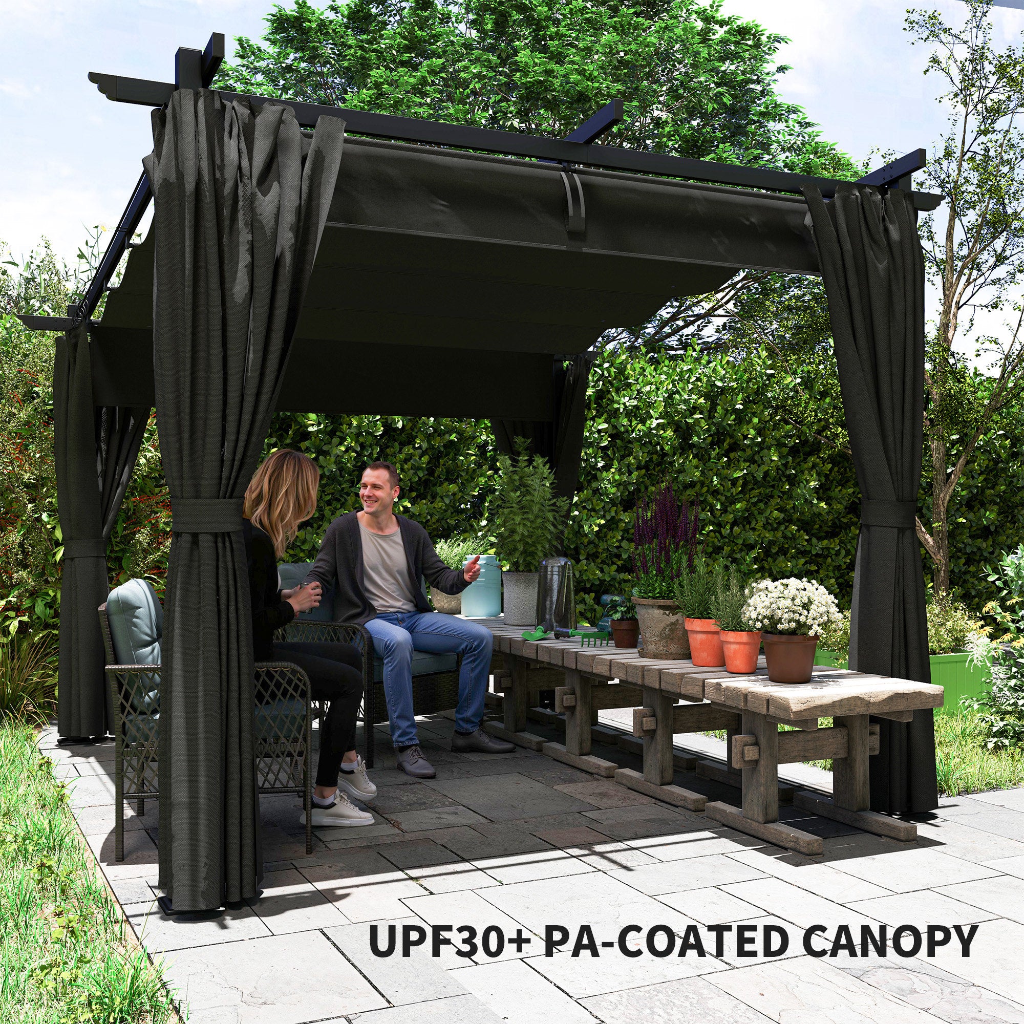 Outsunny 3 x 3 m Retractable Roof Pergola, with Curtains - Dark Grey 