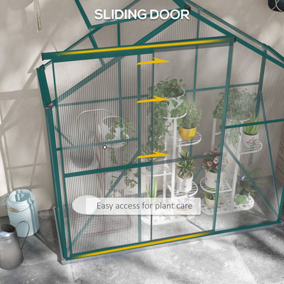 Outsunny 6 x 2.5ft Polycarbonate Greenhouse Walk-In Green House with Rain Gutter, Sliding Door, Window, Foundation, Green 