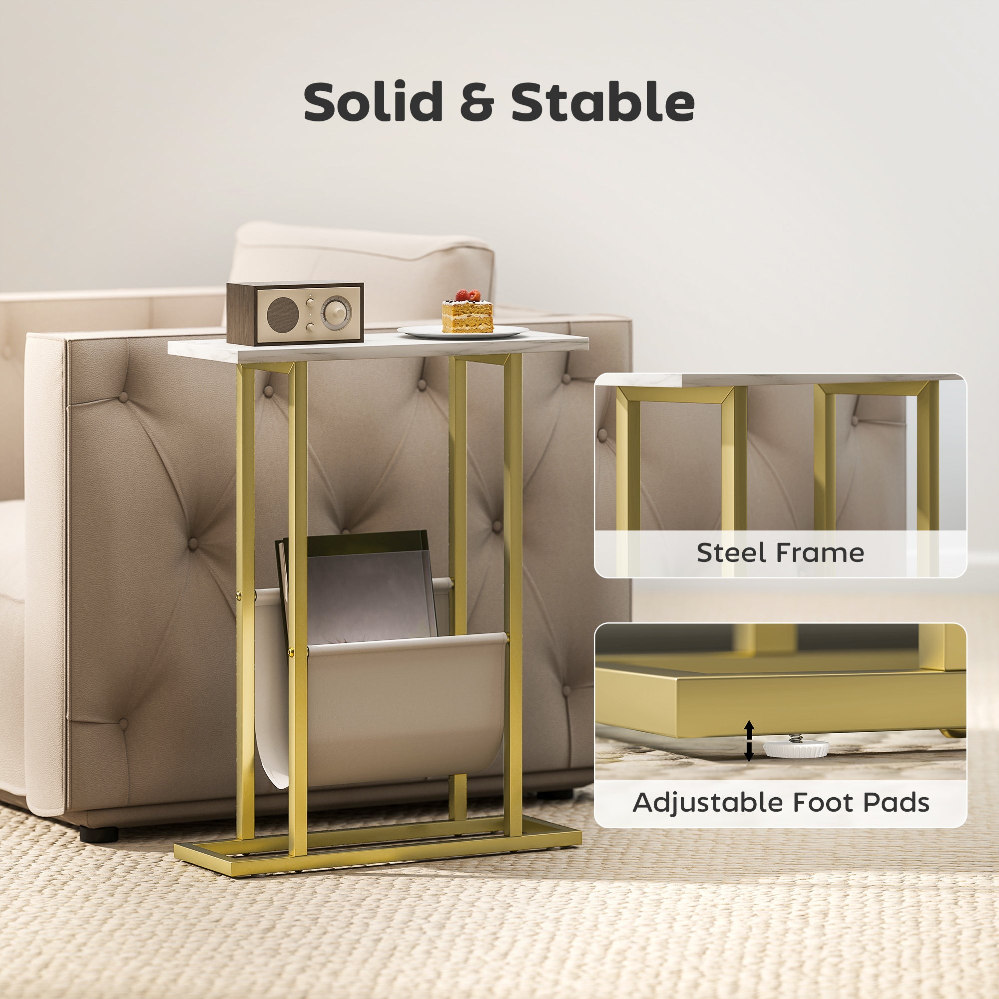 HOMCOM Narrow Side Table, End Table with Magazine Holder, Nightstand for Small Spaces, Living Room, Bedroom, White Marble Grain 