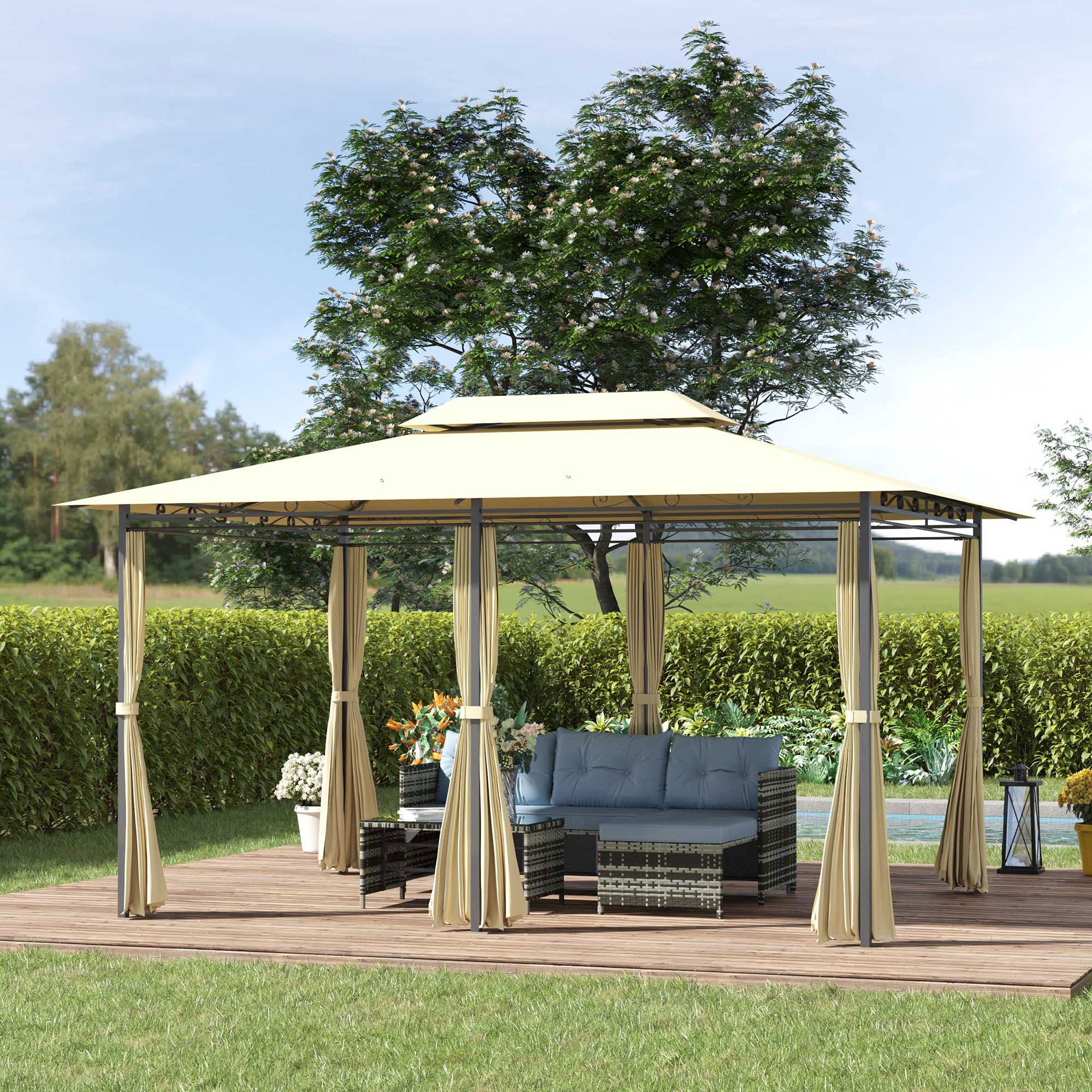 Outsunny 4m x 3(m)Garden Gazebo, Double Roof Outdoor Gazebo Canopy Shelter with Curtains, Solid Steel Frame for Lawn and Deck, Beige 