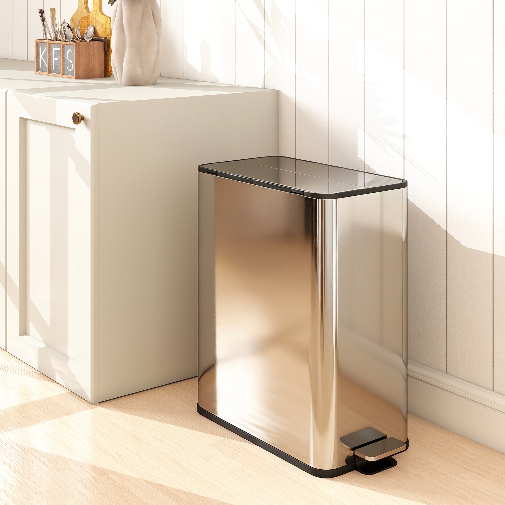 HOMCOM Dual Kitchen Bin with Soft-Close Butterfly Lid, 2 x 28L Stainless Steel Pedal Bin with Removable Inner Buckets, Fingerprint-Proof for Recycling and Waste, Silver Tone 