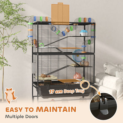 PawHut 5 Tier Large Hamster Cage on Wheels with 17 cm Deep Tray, Storage Shelf for Syrian, Gerbil, Rats 