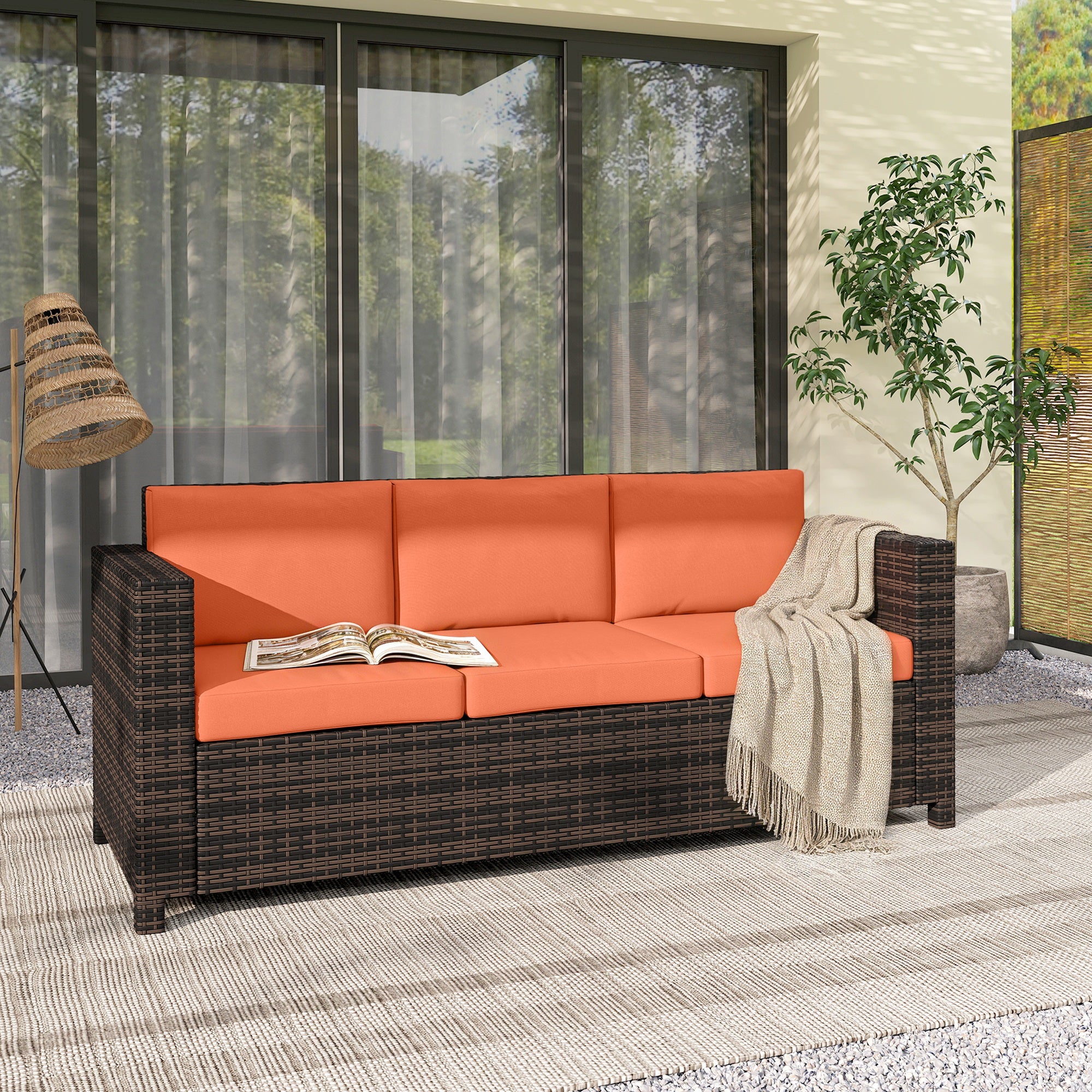 Outsunny 3 Seater Rattan Sofa All-Weather Wicker Weave Metal Frame Chair with Fire Resistant Cushio-Orange 