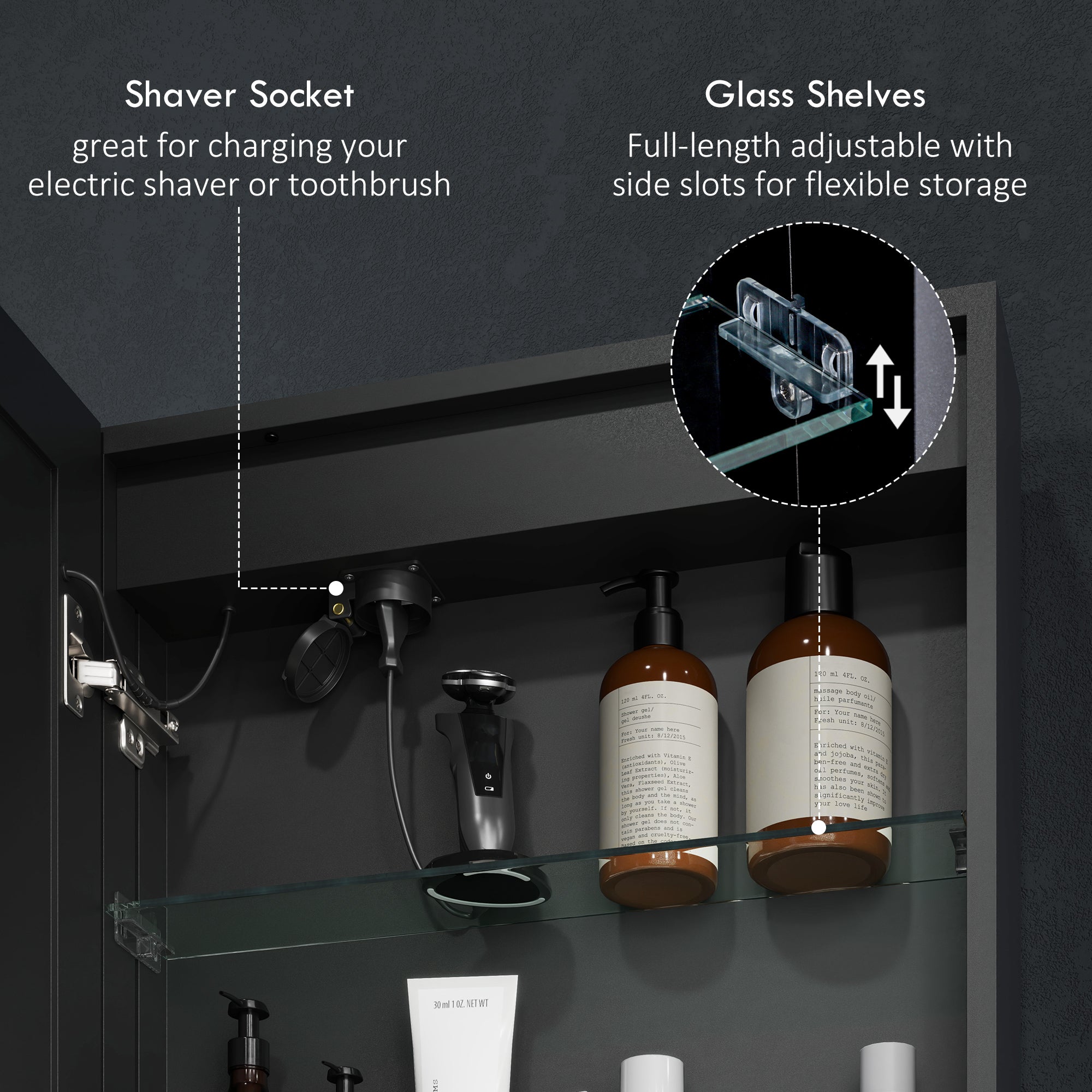 HOMCOM Bathroom Mirror Cabinet with LED Lights and Shaver Socket, 500 x 700 mm Wall Mounted Bathroom Cabinet with Mirror, Demister Pad, Dimmer, 3 Colours, Medicine Cabinet, Black