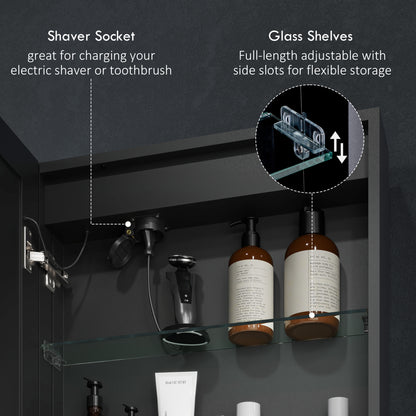 HOMCOM Bathroom Mirror Cabinet with LED Lights and Shaver Socket, 500 x 700 mm Wall Mounted Bathroom Cabinet with Mirror, Demister Pad, Dimmer, 3 Colours, Medicine Cabinet, Black