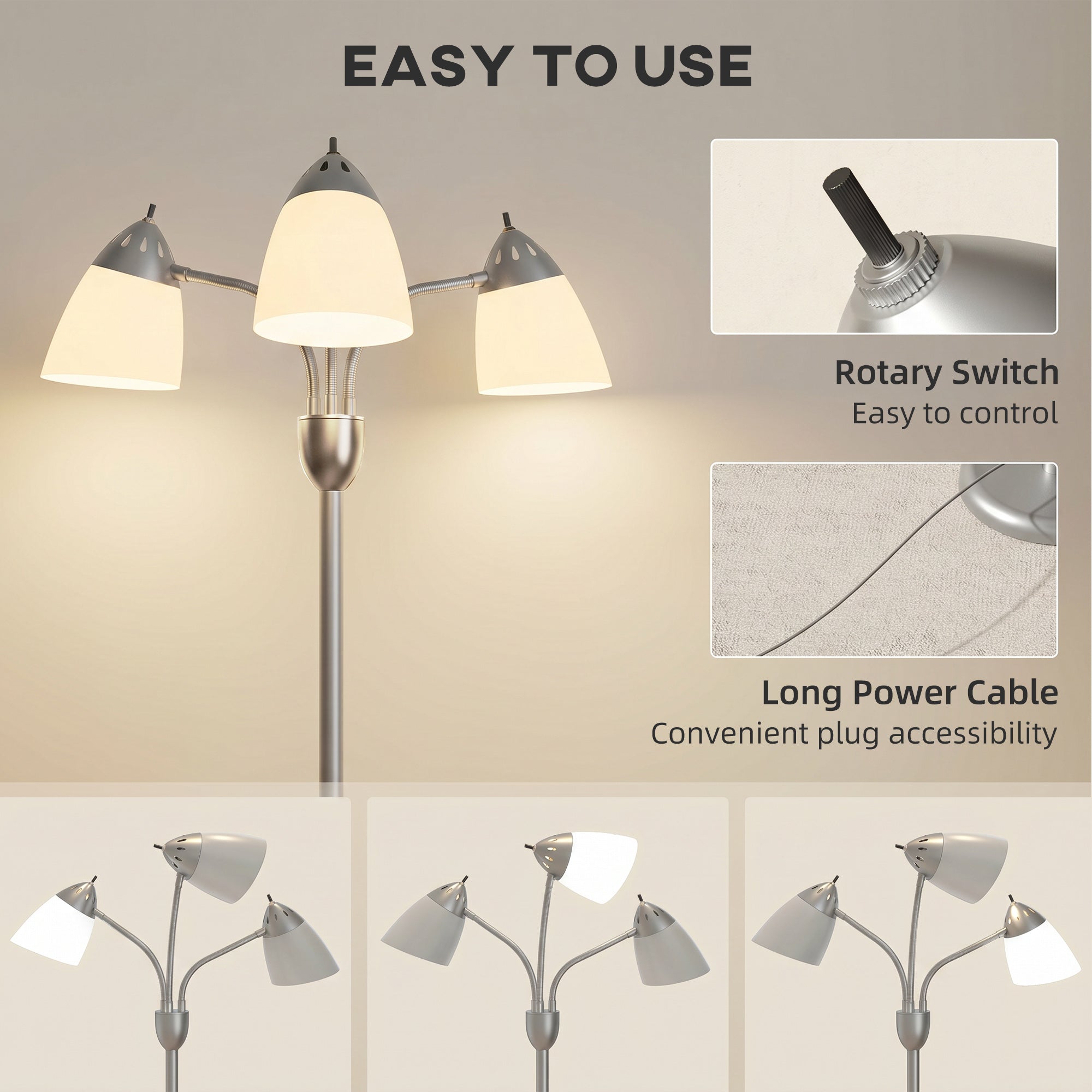 HOMCOM Arc Tree Floor Lamp with 3 Adjustable Rotating Lights and 3000K/4500K/6500K Colour Temperatures, Silver Tone