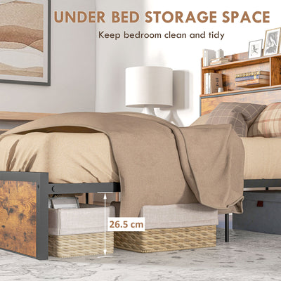 HOMCOM Industrial Double Bed Frame, 4.8FT Steel Bed Base with Storage Headboard, Footboard, Slatted Support and Under Bed Storage, 145 x 209cm, Rustic Brown 