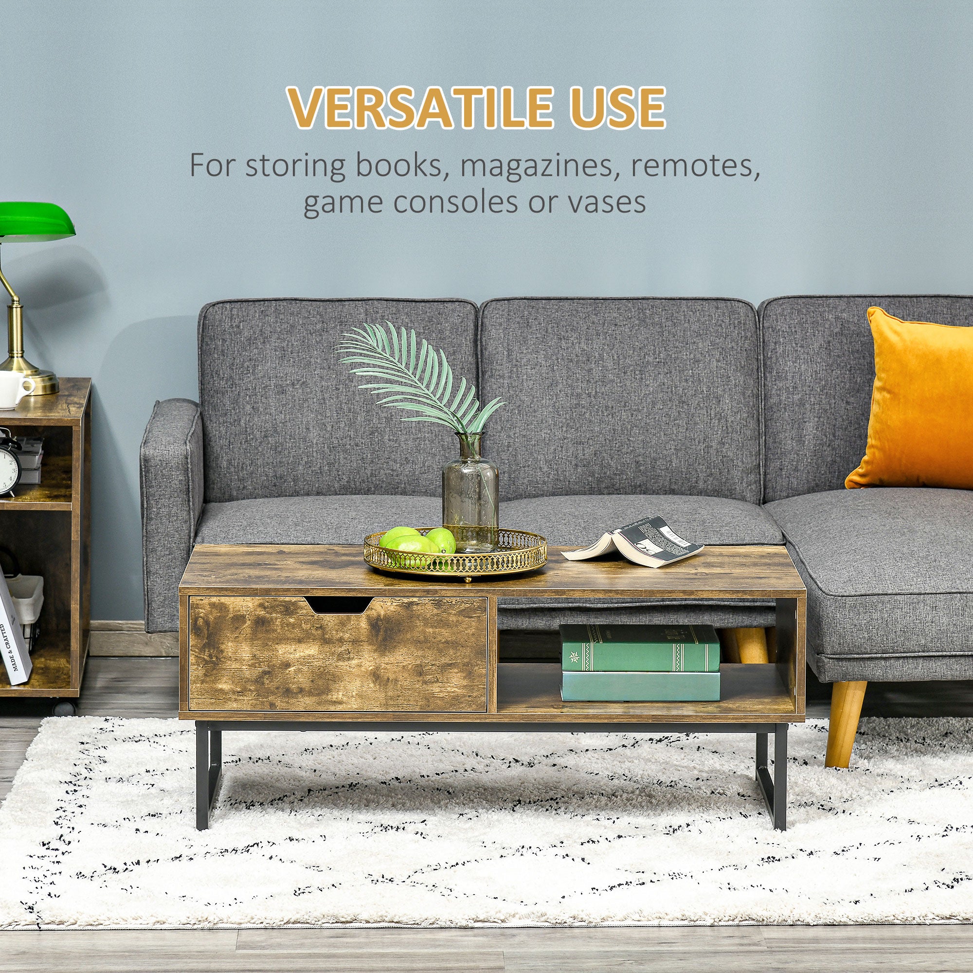 HOMCOM Industrial Coffee Table, Centre Table with Storage Shelf, Drawer and Metal Frame, Coffee Tables for Living Room, Office, 106W x 48D x 43H cm, Rustic Brown 