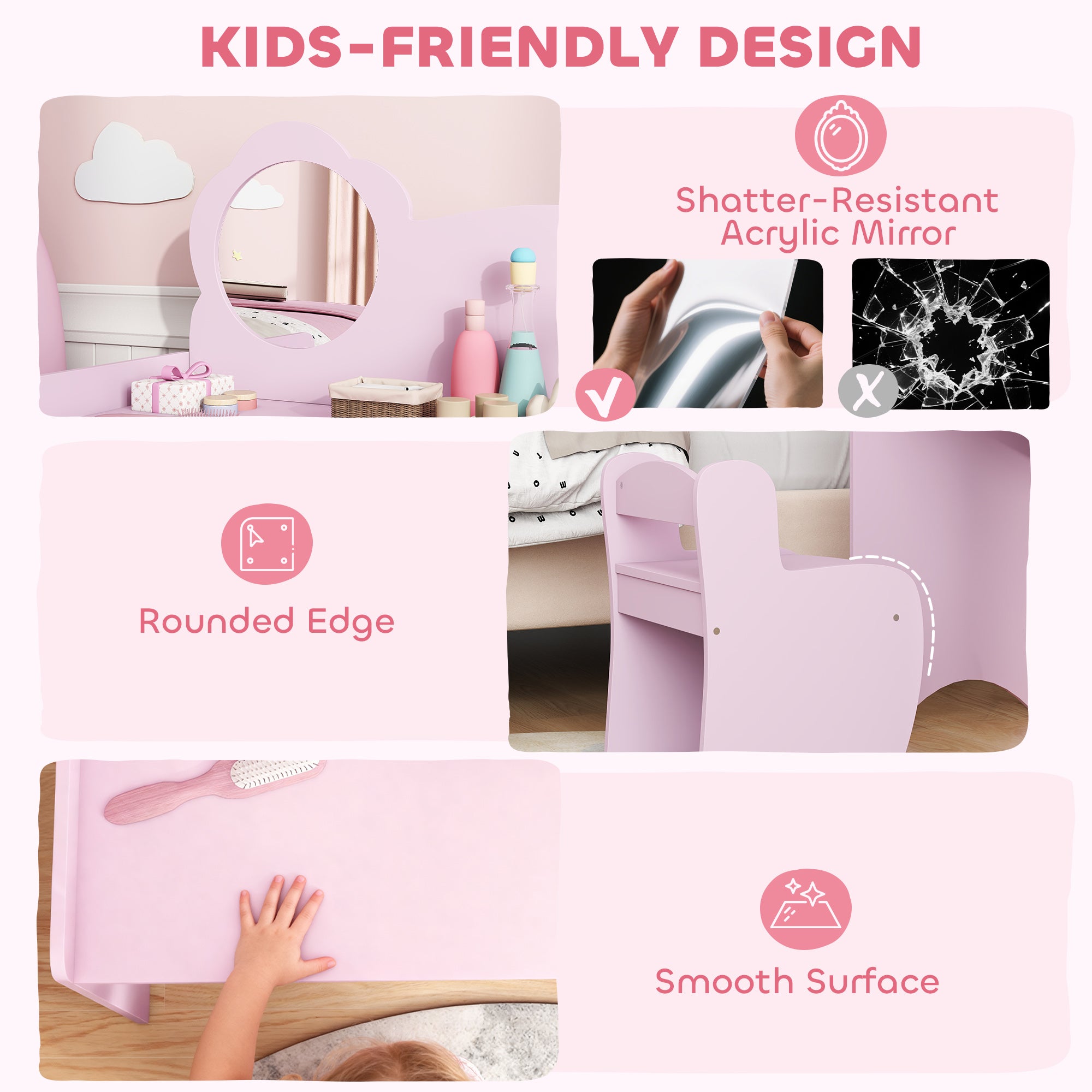 AIYAPLAY Kids Dressing Table with Mirror, Stool, Kids Vanity Table with Shelves, for Ages 3-8 Years, Purple 