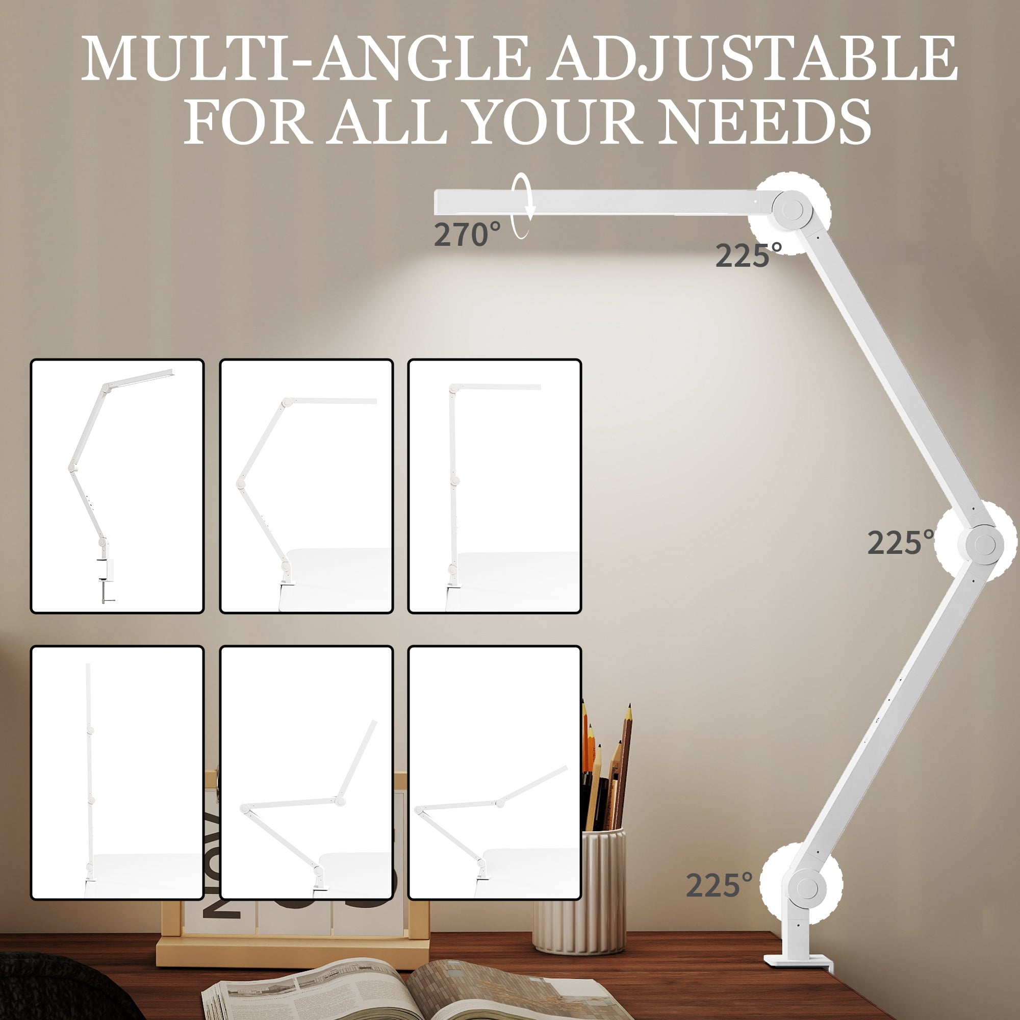 HOMCOM LED Desk Lamp, Dimmable Desk Light with Swing Arm and Clamp, Adjustable Eye-Caring Table Lamp with 2 Colour Modes & 5 Brightness Levels for Study, Drawing, Office, Architect, Task, White 