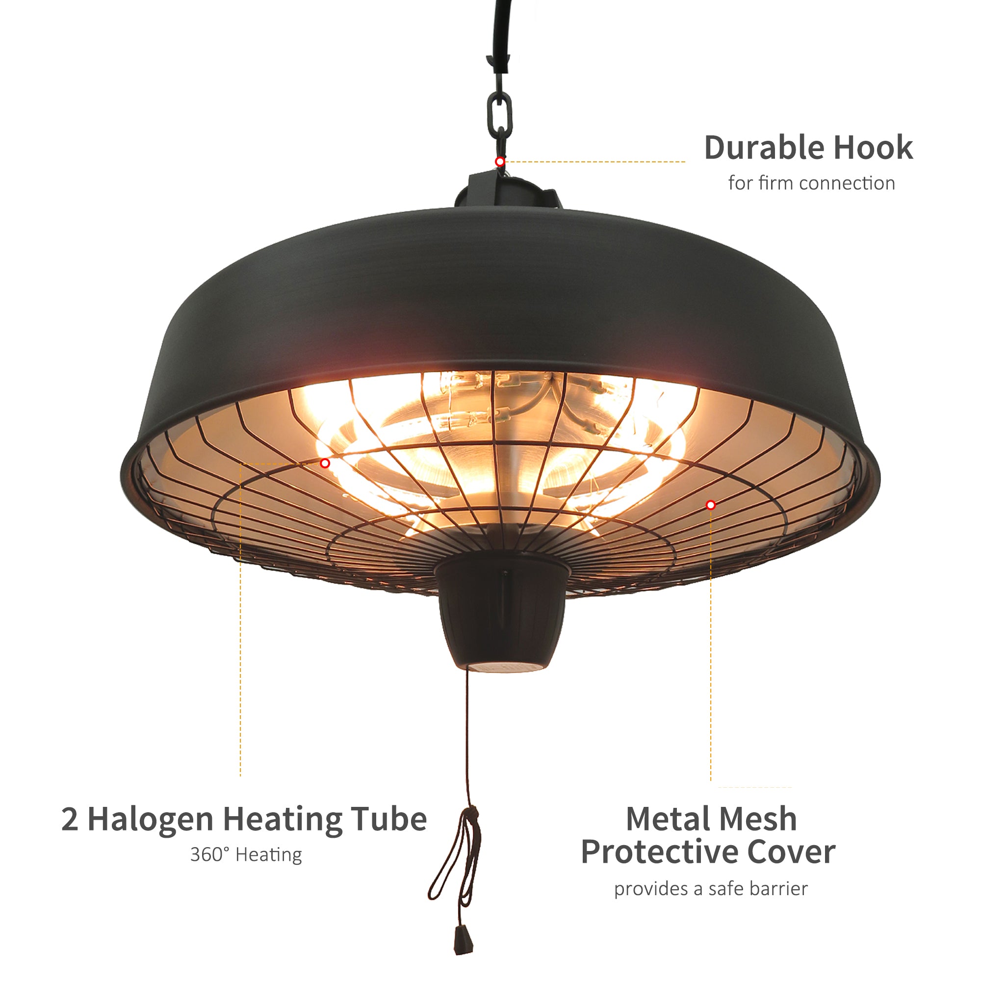 Outsunny Adjustable Power 1000/2500W Infrared Halogen Electric Patio Light Heater, Ceiling Hanging Mount -Black 