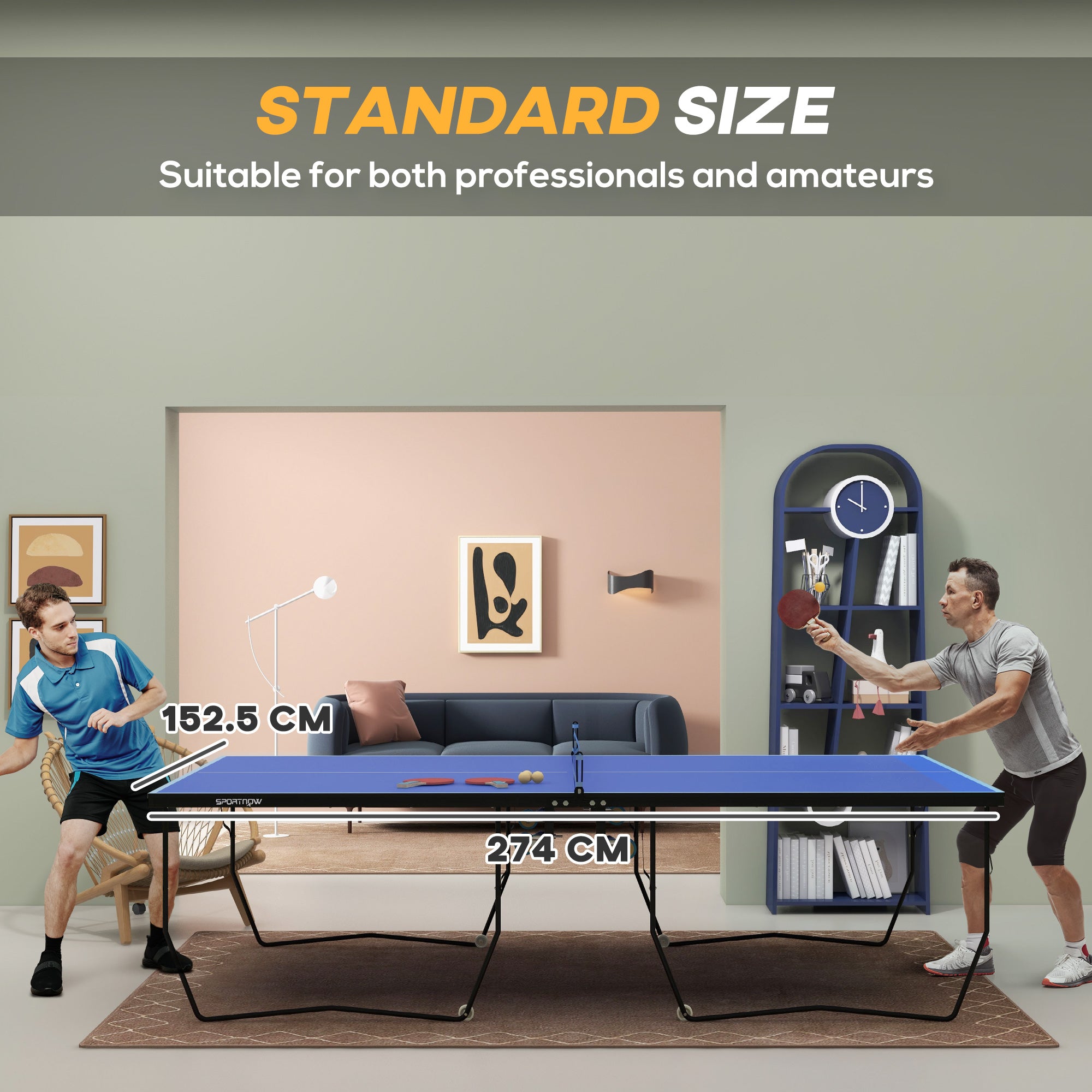 SPORTNOW 9FT Folding Table Tennis Table, with 8 Wheels, for Indoor Use - Blue 