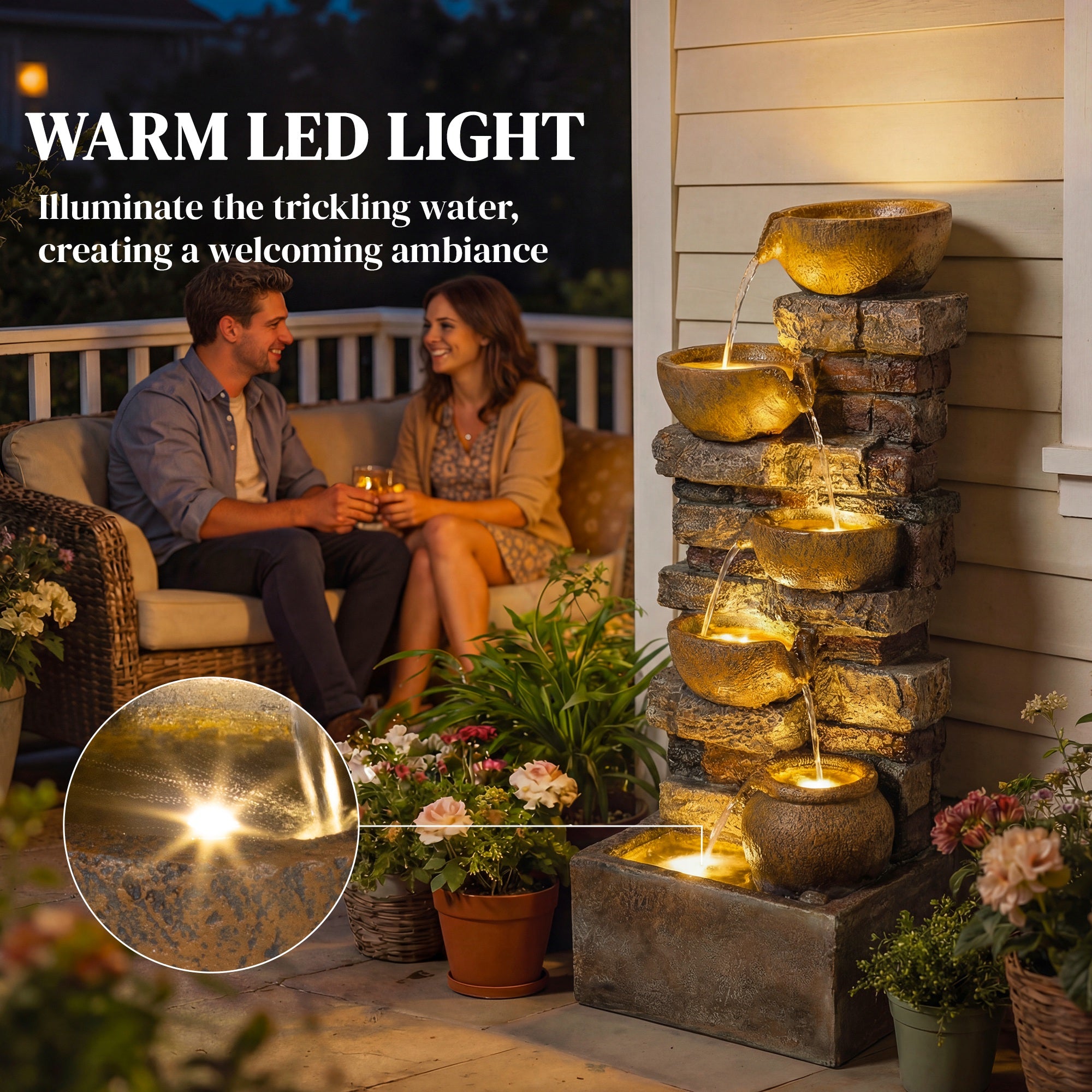Outsunny 28" 5-Tier Outdoor Fountain, Cascading Waterfall Feature with LED Lights, Adjustable Flow, Rustic Brown 