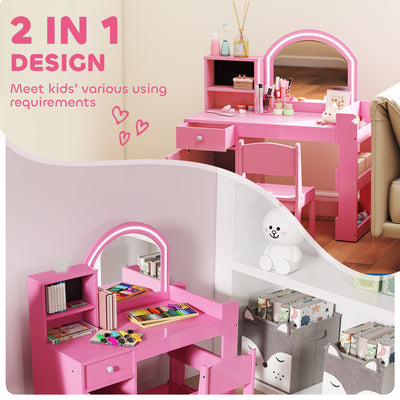AIYAPLAY Kids Vanity Table and Chair Set, Girls Dressing Table with 2-Colour LED Mirror, Stool, Cabinet, Drawer, Shelves, Pink 