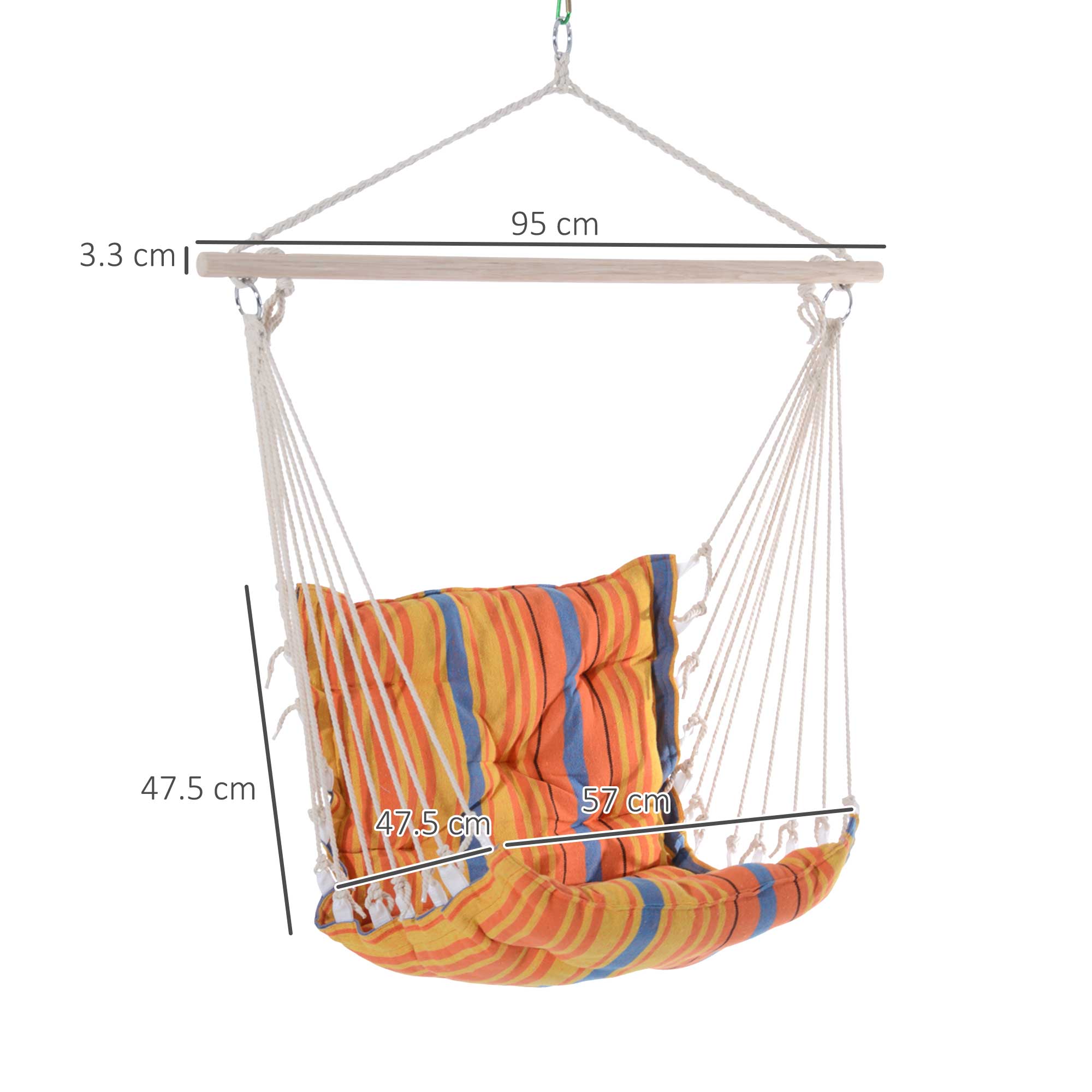 Outsunny Outdoor Hanging Rope Chair with Soft Padded Seat & Backrest, Garden Hammock Chair with Wooden Support Bar Cotton Cloth, Portable Garden Chair for Patio & Tree, Orange 