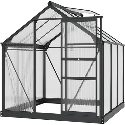 Outsunny 6 x 6ft Polycarbonate Greenhouse, Large Walk-In Green House with Slide Door and Window, Garden Plants Grow House with Aluminium Frame and Foundation, Grey 