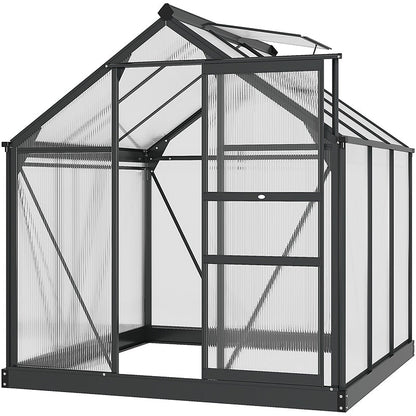 Outsunny 6 x 6ft Polycarbonate Greenhouse, Large Walk-In Green House with Slide Door and Window, Garden Plants Grow House with Aluminium Frame and Foundation, Grey 