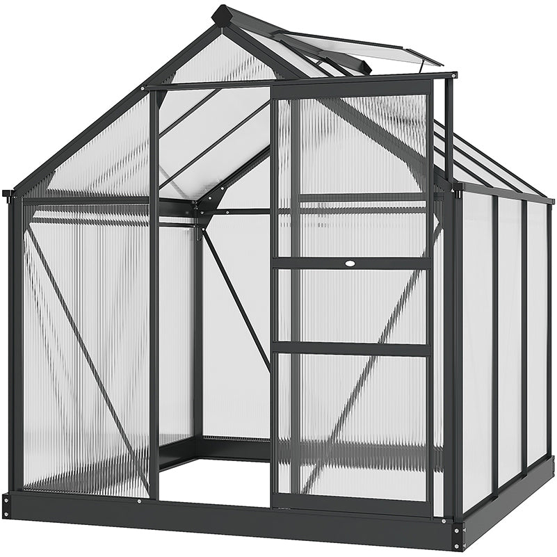 Outsunny 6 x 6ft Polycarbonate Greenhouse, Large Walk-In Green House with Slide Door and Window, Garden Plants Grow House with Aluminium Frame and Foundation, Grey 
