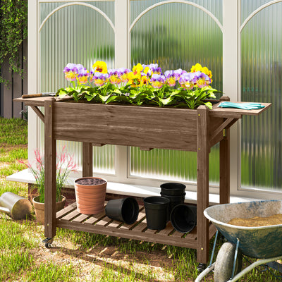 Outsunny Raised Garden Bed, Wooden Elevated Planter Box with Lockable Wheels, Side Tables and Bottom Shelf, Outdoor Planter with Liner and Drainage Holes for Vegetables, Flowers, Fruits, Carbonised 