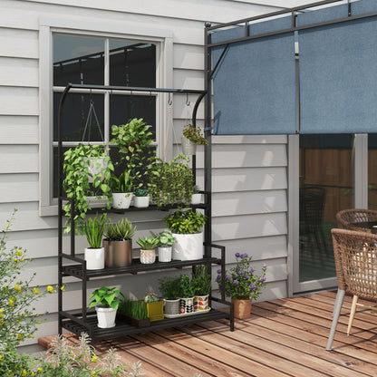 Outsunny 3 Tiered Plant Rack with Hanging Hooks, Tall Plant Stand for Indoor Outdoor Porch Balcony Use, Black 