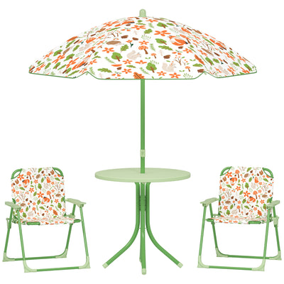 AIYAPLAY 4 Pieces Kids Garden Table and Chair Set with Adjustable Parasol, Folding Chairs, Table, Fox Pattern, Green 