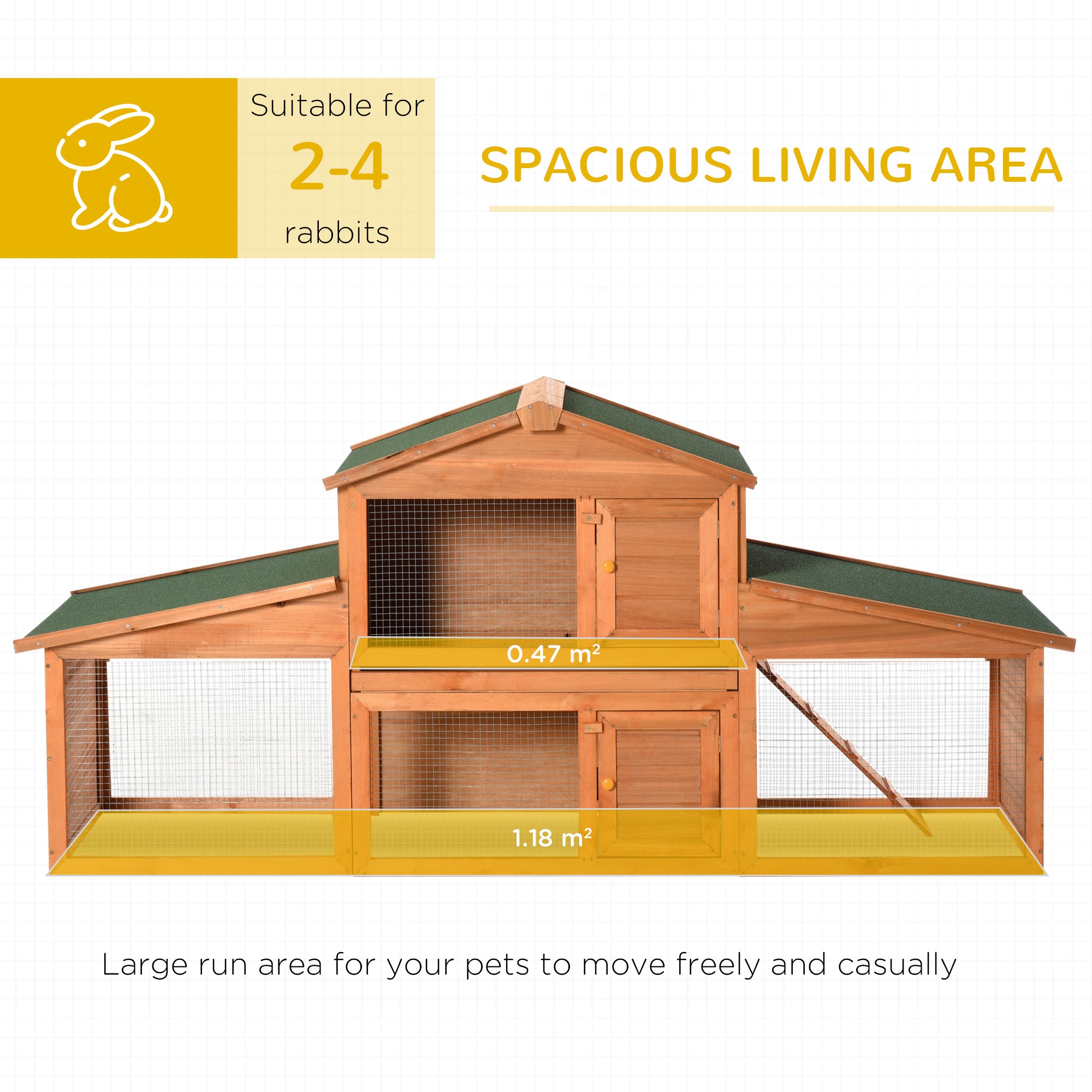 PawHut Large Rabbit Hutch Outdoor, Guinea Pig Hutch, Wooden Small Animal House, with Rabbit Run, 215 x 63 x 97 cm 