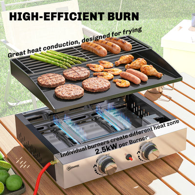 Outsunny 2 Burner Grill Griddle, Portable Gas Plancha with Warming Rack, 5 kW, Tabletop Gas BBQ with Grease Cup, Black 