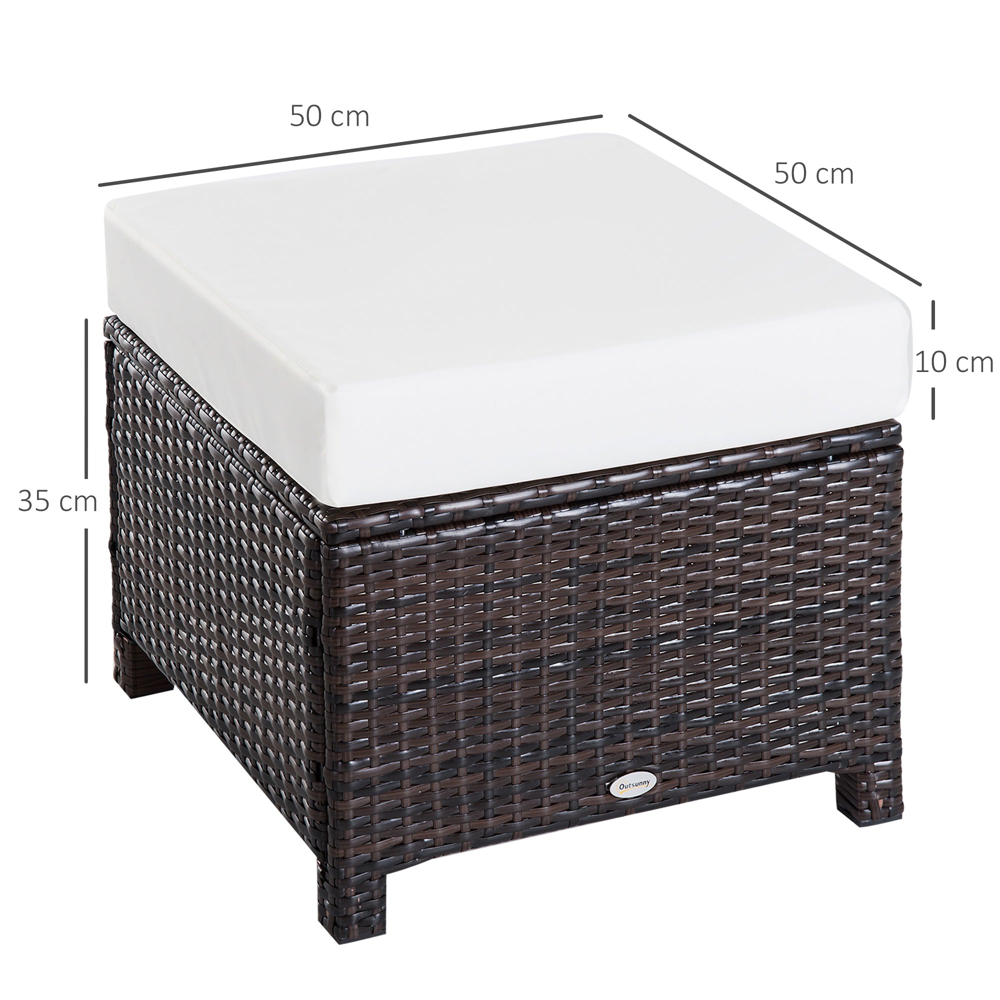 Outsunny Rattan Footstool Wicker Ottoman with Padded Seat Cushion Outdoor Patio Furniture for Garden Poolside Living Room, 50 x 50 x 35 cm, Brown 