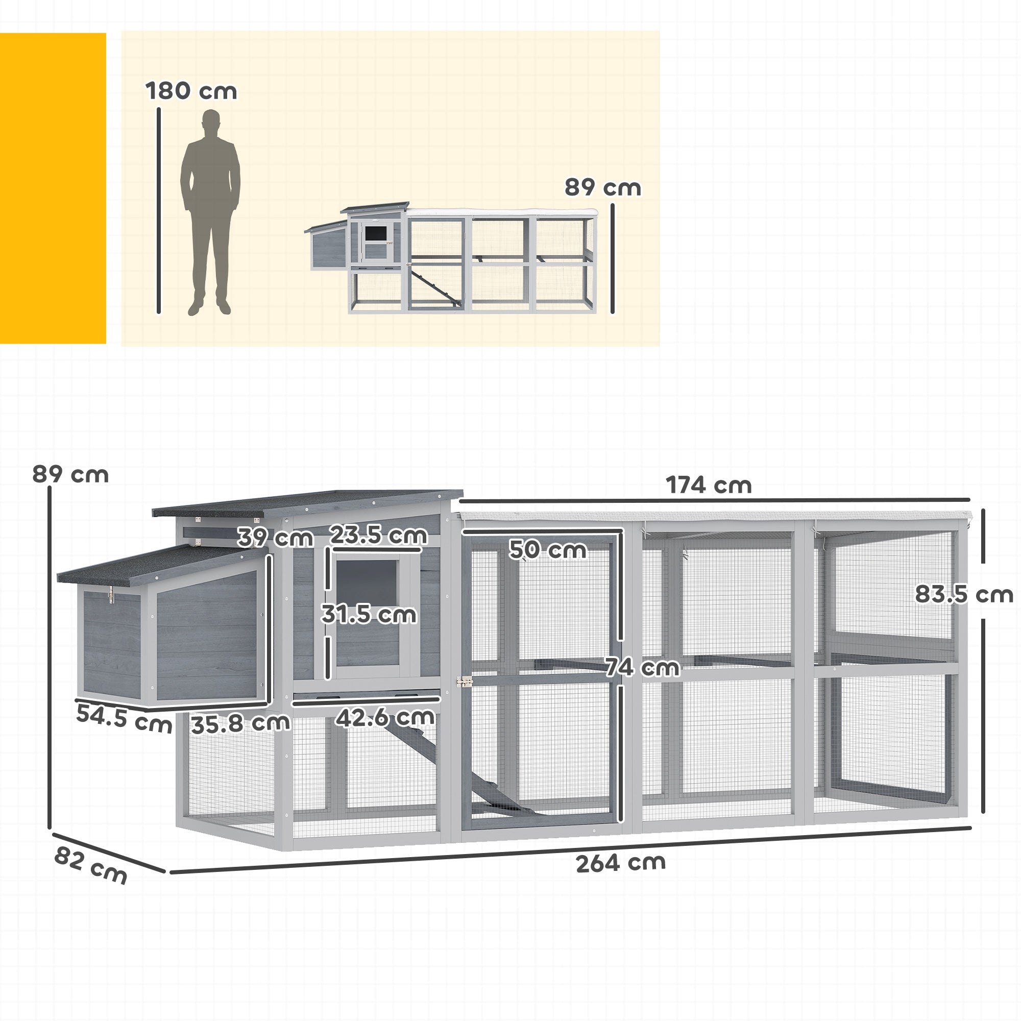 PawHut Large Chicken Coop, Wooden Hen House with Covered Run, Nesting Box, Pull-Out Tray, Opening Asphalt Roof 
