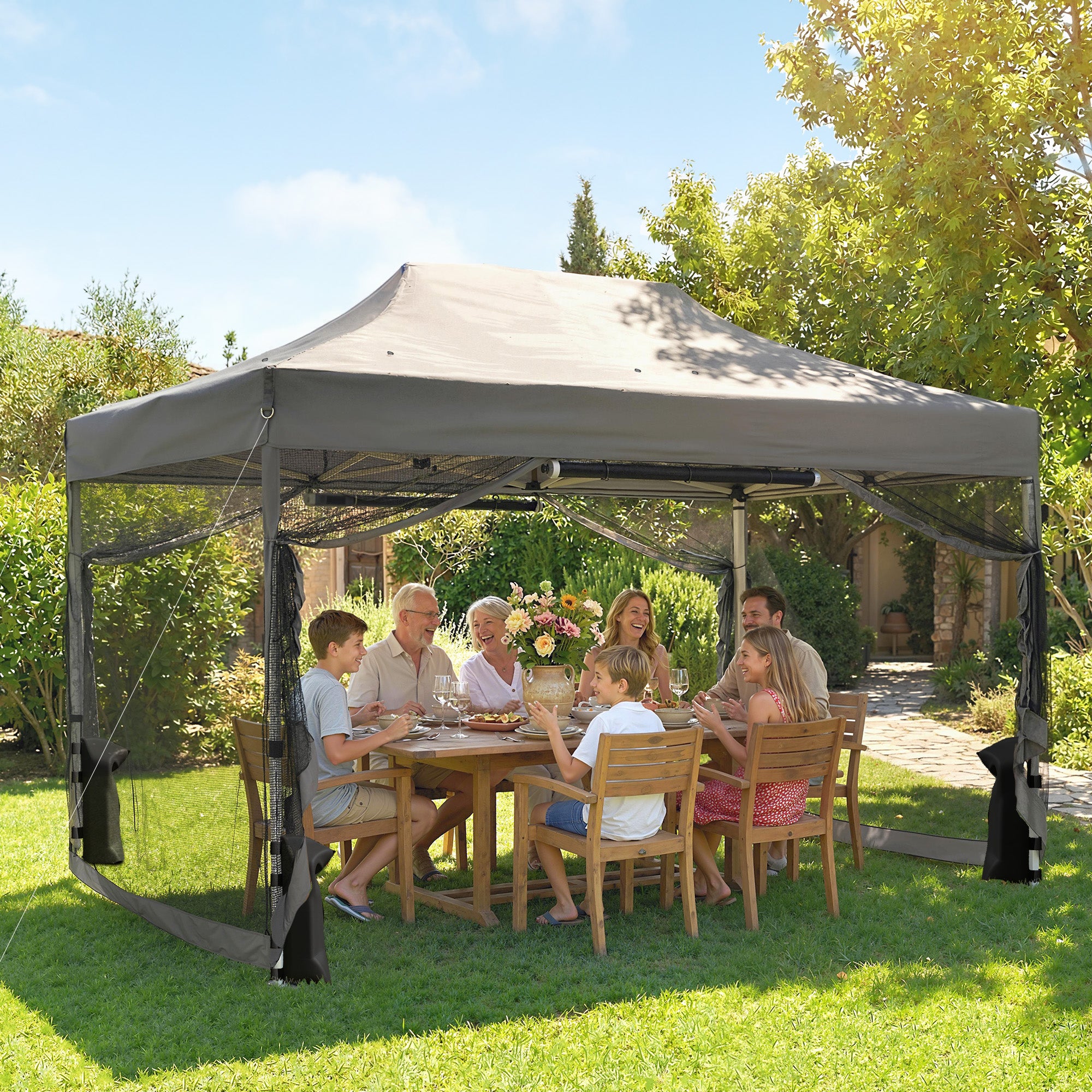 Outsunny 3 x 4.5 m Pop Up Gazebo with Mesh Nettings, UPF50+ Heavy Duty Outdoor Garden Party Tent Marquee, Dark Grey 