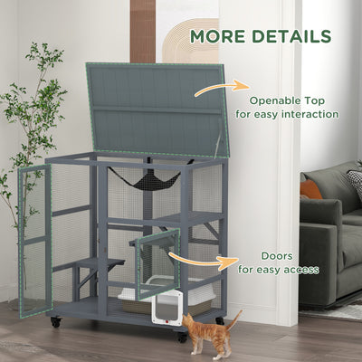 PawHut Cat House, Wooden Outdoor Catio Cat Enclosure on Wheels, Wooden Kitty Cage with Platforms, Hammock, Light Grey 