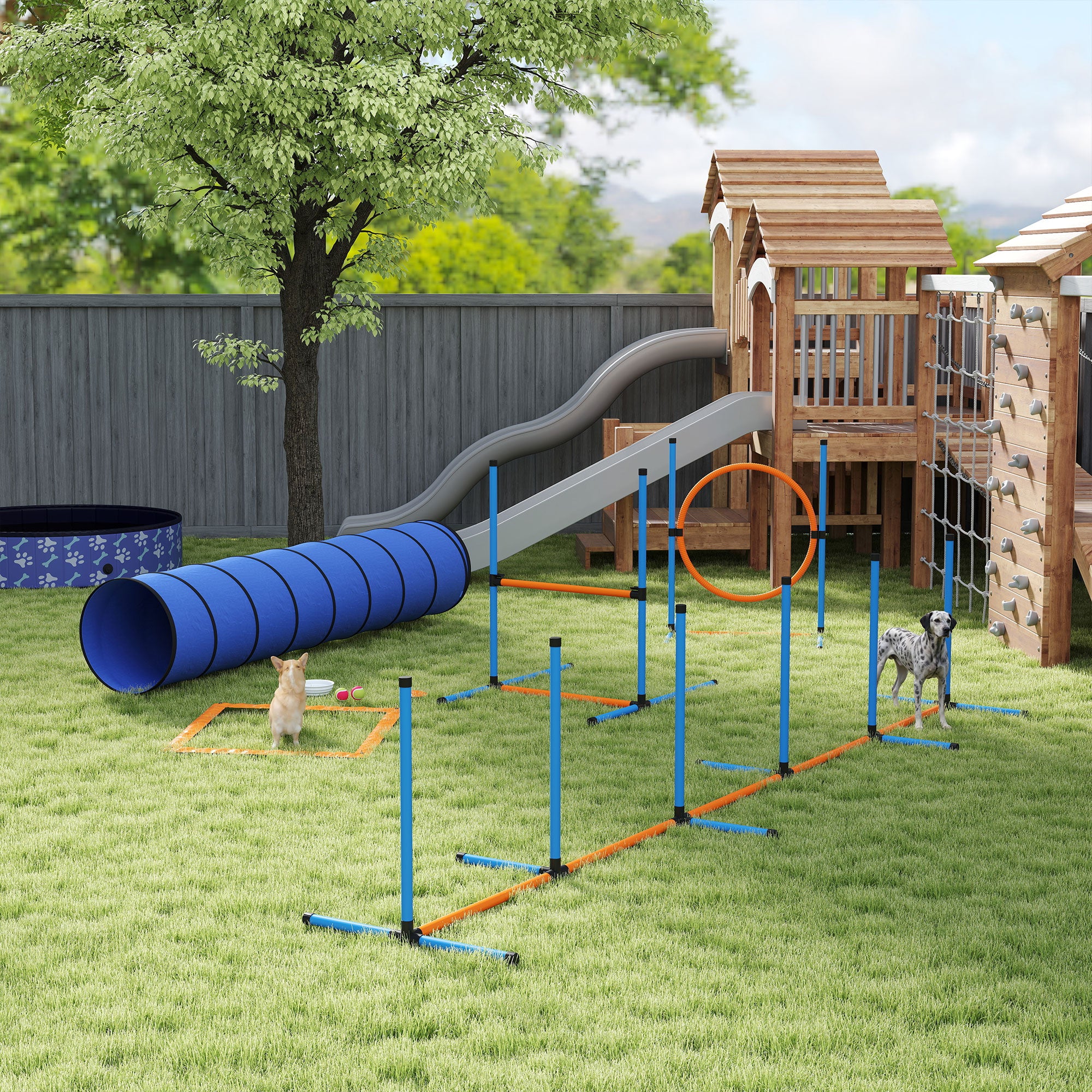 PawHut Dog Agility Equipment, 8PCS Agility Training Set with Tunnel, Weave Poles, Adjustable Hurdles, Jump Ring 
