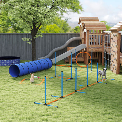 PawHut Dog Agility Equipment, 8PCS Agility Training Set with Tunnel, Weave Poles, Adjustable Hurdles, Jump Ring 