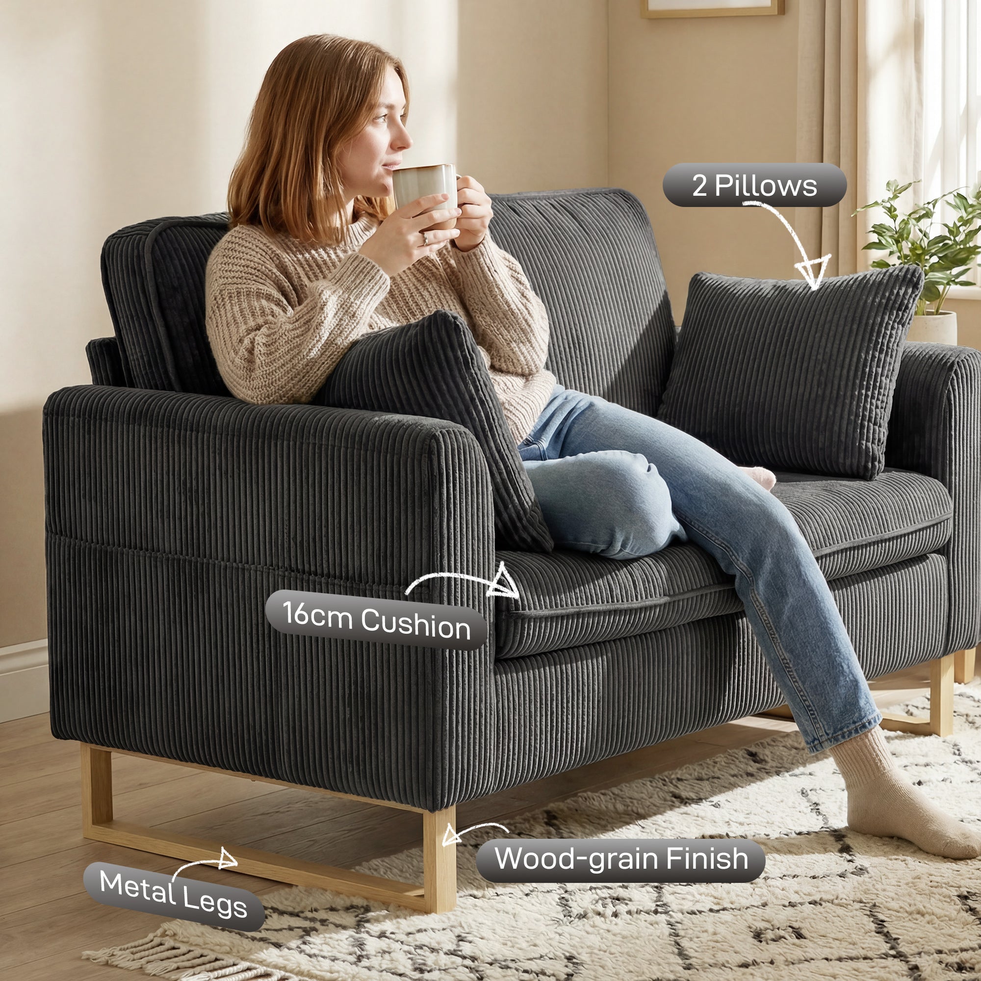 HOMCOM 2 Seater Sofa, 140 cm Loveseat Sofa with Spring Cushions, Metal Legs, 2 Pillows, Dark Grey 