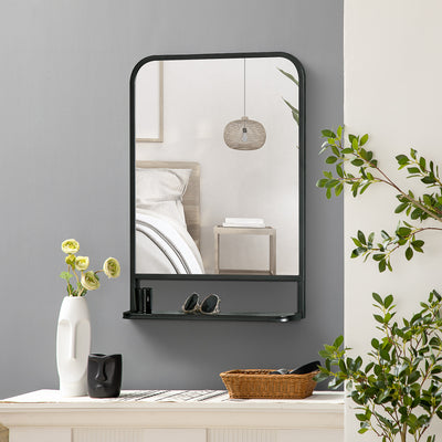 HOMCOM Modern Square Wall Mirror with Storage Shelf, 70 x 50 cm Mirrors for Living Room, Bedroom, Black 
