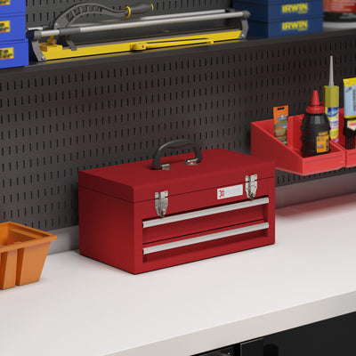 DURHAND Lockable Metal Tool Box, 2 Drawer Tool Chest with Latches, Handle, Ball Bearing Runners, Red 