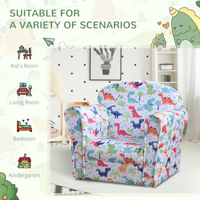 HOMCOM Children Armchair Kids Sofa Tub Chair Seat Cartoon Dinosaur Pattern Bedroom Flannel Wooden Frame Non-slip Playroom Seater 