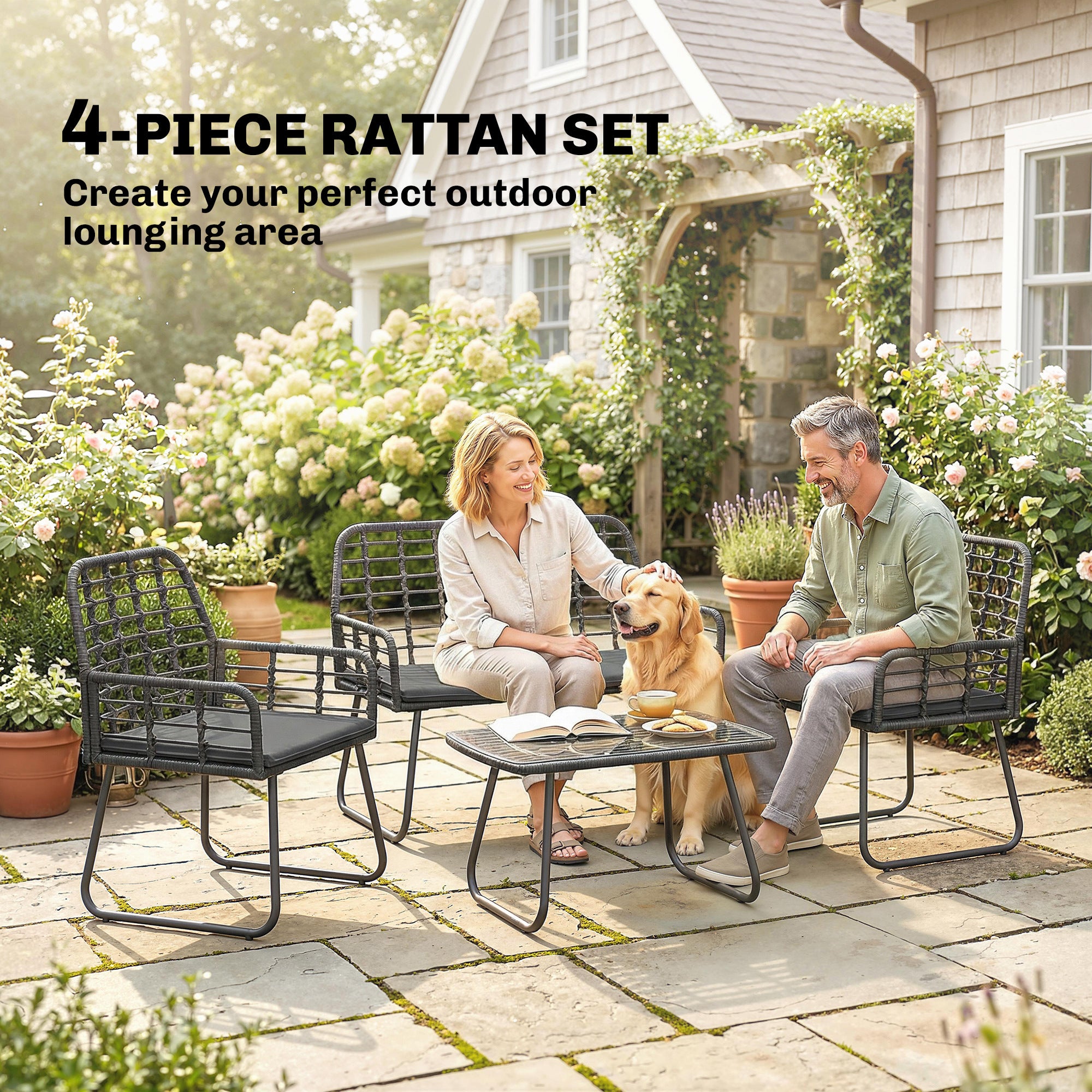 Outsunny 4 Piece Rattan Garden Furniture Set, Outdoor Patio Furniture with Loveseat, Armchairs and Coffee Table 