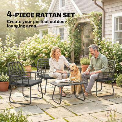 Outsunny 4 Piece Rattan Garden Furniture Set, Outdoor Patio Furniture with Loveseat, Armchairs and Coffee Table 