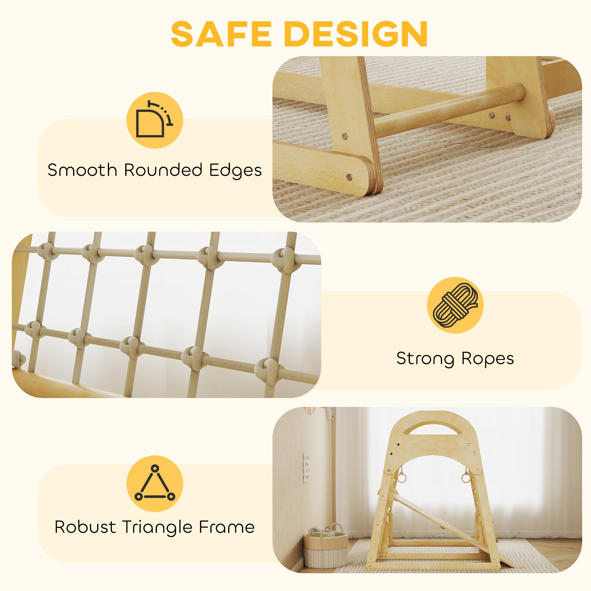 AIYAPLAY 6 in 1 Kids Climbing Frame with Slide, Monkey Bars, Gymnastics Rings, Ladder, Climbing Net, for 3-6 Years, Natural Tone 
